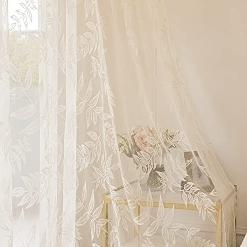 Sutuo Home Ivory Lace Curtains 84 Inches Long, Leaf Embroidery Window Sheer Drapes Pair Knitted, Rod Pocket Vintage Country Window Treatments Set of 2 Panels for Bedroom Living Room, 57 W x 84 L