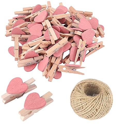 Lot de 25 mini pinces à linge en bois rosâtres en forme de cœur, petites pinces à linge multicolores avec cœur, clips photo cœur 3 cm, petites pinces à linge avec ficelle pour affichage de photos