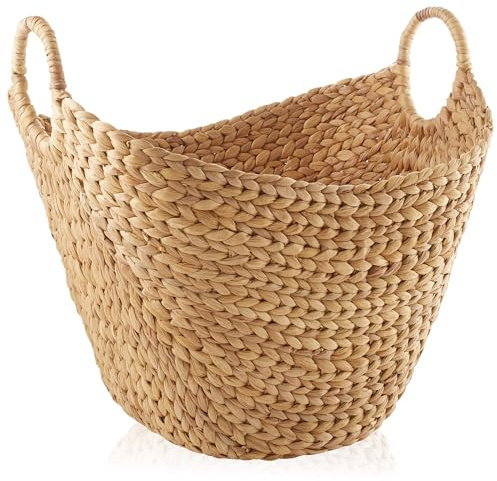 Casafield Large Laundry Boat Basket with Handles - Natural, Woven Water Hyacinth Multipurpose Storage Organizer for Throw Blankets, Bathroom, Bedroom, Living Room
