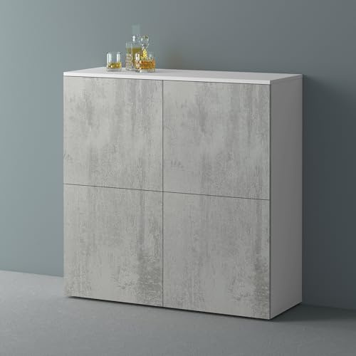 Mai & Mai Sideboard 100cm Kommode 4 Türen Soft-Close grifflos Stauraum | Kommodenschrank, Wohnzimmer Möbel, Flurschrank, bis zu 8 Staufächer, Weiß matt + Beton, BxTxH:100x36,4x98cm, Schrank04