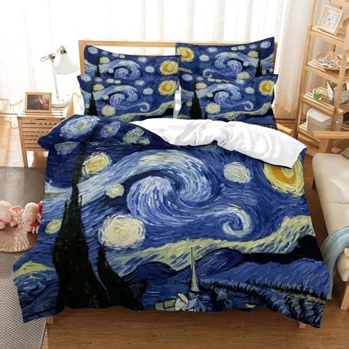 3D-Druck Van Gogh Sternenhimmel Bettwäsche-Set, Queen-Size-Bett, Schlafzimmer-Dekoration, Bettbezug, Kissenbezug, 3-teilig, Bettbezug, Heimdekoration, 228x259cm, Schlafzimmer-Bettdecken-Sets Queen