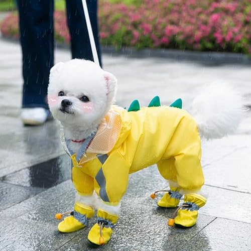 SARUEL Hunde-Regenmantel,Tierform,Für Den Außenbereich,Vierbeinig,Wasserdicht Und Staubdicht,Haustier-Regenmantel,Kleiner Hund,Teddy,Haustierbekleidung,Gelber Dinosaurier,S