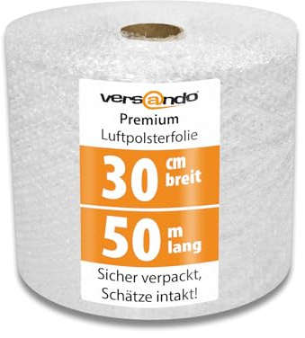 versando Premium Luftpolsterfolie 50m x 0,3m Versand, Verpackung, Umzug | Noppenfolie Bubble Wrap LPF Rolle
