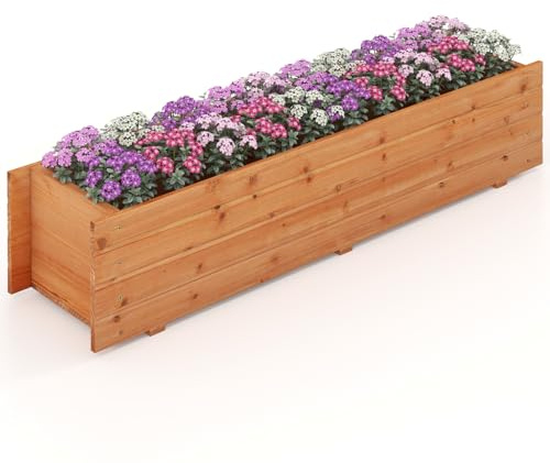 COSTWAY Wooden Garden Planter, Rectangular Trough Box Flower Pot with Drain Holes, Herb Plant Vegetables Container for Indoor Outdoor Backyard Patio Balcony (110 x 27 x 26cm, 2 Holes)