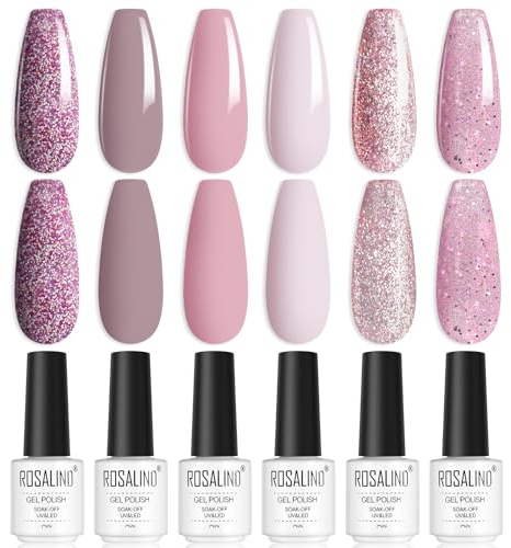 ROSALIND Esmaltes Semipermanentes de Uñas en Gel UV LED, Esmaltes Semipermanentes Para Uñas 6 Colors Glitter Rosa Morado Rosado Rosa Claro Pintauñas Semipermanentes Para Principiantes