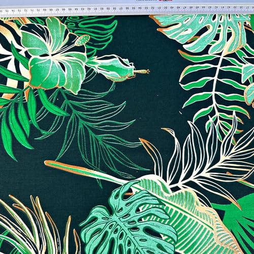 Textrend Baumwollstoff Stoffe Meterware - Stoff zum Nähen - 100% Baumwolle - Baumwollstoff mit Blättern - Stoffe Meterware (Monstera und Bananenblätter mit Blumen auf einem grünen Hintergrund)