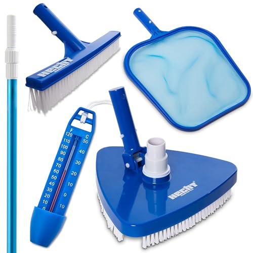 Hecht Poolpflegeset mit Teleskopstange – Kescher & Bodensauger | Poolzubehör mit Bürste, Thermometer und Vakuumreiniger für Poolreinigung, Wasserpflege, Beckenboden und Wasserlinie