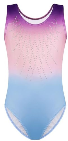 XIUsheUA Turnanzug Mädchen Kurzarm Gymnastikanzug for Mädchen, mit Farbverlauf und Glitzer, Tanzbekleidung, Sportbekleidung Gymnastikanzug(L(7-8Y))