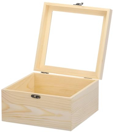 QUARKZMAN Unvollendete Holzvitrine mit Scharnierdeckel, 20 cm x 20 cm x 12 cm Kleine Holzschmuckaufbewahrungsbox mit Glasdeckel für DIY-Handwerk, Sammlerstücke, Beige
