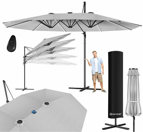KESSER® Sombrilla, 4,6m x 2,7m Sombrilla - Cubierta y Protección Contra el Viento, Con Manivela y Soporte, Aluminio, Hidrófuga, Inclinable - Inclinable, Orientable 360°, Gris Claro - Con LED