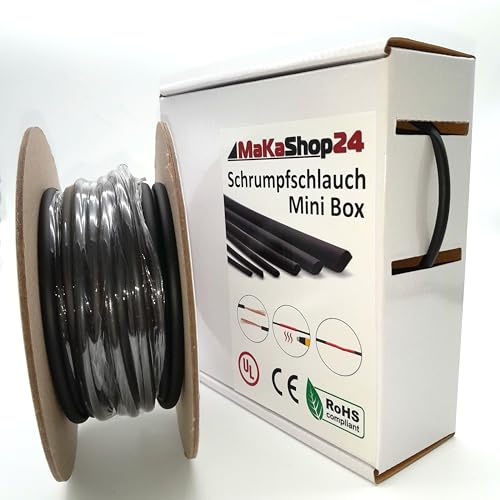 Makashop24 - Schrumpfschlauch Mini Box - 4:1 Mit Kleber - 15 Meter | Ø 4,0 mm - Schwarz - Wasserdicht für Kabelisolierung, Kennzeichnung & Reparaturen - Hochwertiges Polyolefin
