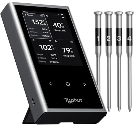 Typhur Sync Wireless Quad Gen 2 Meat Thermometer | 4 Probes | 6 Sensors | LCD Display | WiFi and Bluetooth 5.3 | Improved Stability and Range | IPX8 Waterproof | for BBQ, Grill, Smoker, Oven, Kitchen