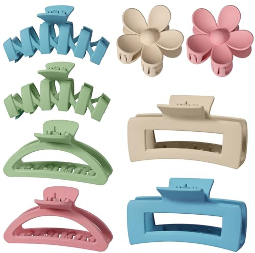 Surtido de 8 pinzas grandes para mujer, pinzas de garra de flores para cabello grueso, accesorios antideslizantes para el cabello con múltiples estilos (Beige/Pink/Green/Blue)