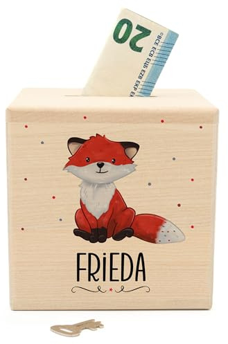 Muckelmeister Spardose Kinder Personalisiert mit Namen aus Holz - Fuchs | 10x10x10cm, Spardose mit Schloss und Schlüssel, Nikolaus Geschenke Kinder Weihnachten, originelle Geschenke zur Geburt