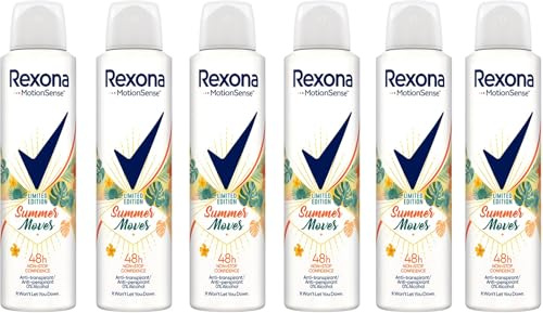 6x Rexona MotionSense Deo Spray Summer Moves Limited Edition Anti-Transpirant mit 48 Stunden Schutz gegen Körpergeruch und Achselnässe 150 ml (6er Pack)