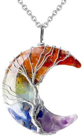 YUZHEDM Color Collar Árbol de la Vida Colgante de Luna Colgante de Piedras Preciosas Naturales con Envoltura de Alambre Hecho a Mano para Mujer Colgantes Mujer con 1 Bolsillo con Cordón de Terciopelo
