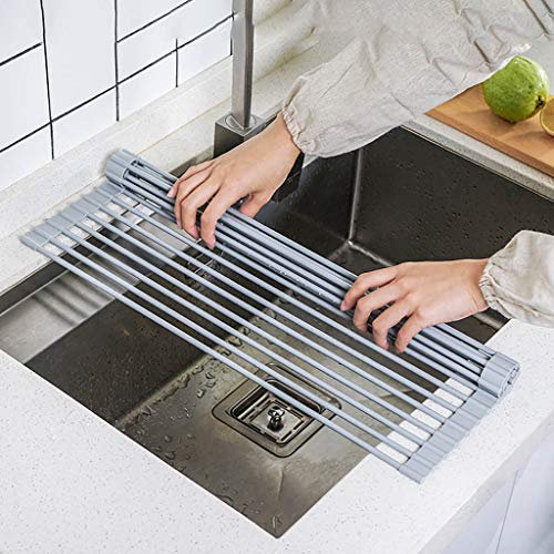 Escurridor de platos enrollable de 20.5 x 13 pulgadas, de acero inoxidable y alfombrilla de silicona, escurridor plegable multiusos extragrande, fácil de almacenar
