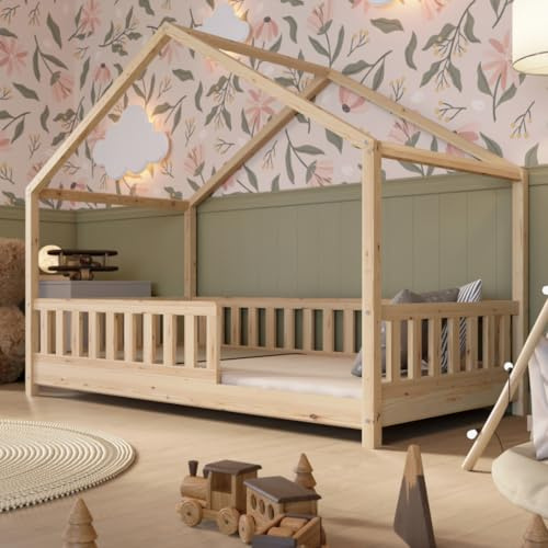 Crazy Pine Hausbett 140x200 cm – Kinderbett aus Naturholz mit Rausfallschutz – Montessori Bodenbett mit Höhenverstellbaren Beinen und Abnehmbarer Barriere - Crazy House