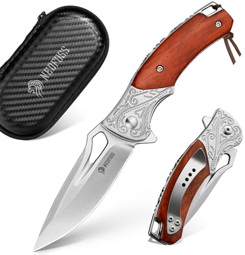 NedFoss HERON Klappmesser, 7cm 14C28N Sthal Einhandmesser mit Holzgriff | Scharfes Taschenmesser mit Liner Lock & Kugellager, Outdoor Messer mit Glip, Survival Messer in Geschenk-Box für Sammlung