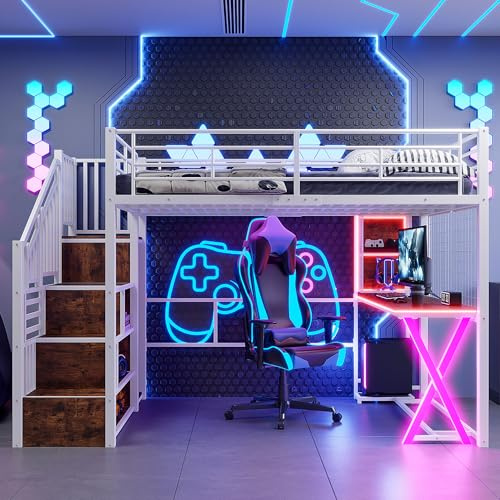 Merax Hochbett mit Schreibtisch 140x200 cm, Jugendbett Loftbett mit LED-Beleuchtung und Stauraum Metallbettgestell mit Lattenrost(ohne Matratze) für Kinder/Erwachsene (Weiß)
