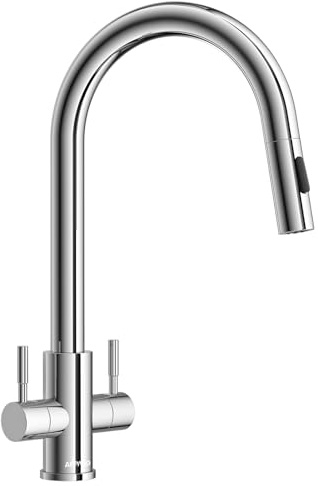 APPASO Kitchen Tap Dual Lever, WRAS Certified Hoses, Polished Chrome 2 Handles Monobloc Kitchen Mixer Taps 1 Hole with Pull Out Sprayer 2 Modes 360°Swivel, High Arch Mono Sink Faucet Twin Lever