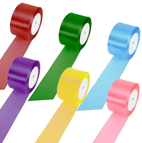 5cm Bunte Bänder in Sechs Farben, Jede Rolle Satinband 22.8m Lang, Schleifenband, Seidenband Bunt, Satinbänder Bunt, Geschenkband Breit, Dekoband, zum Verpacken von Geschenken, als Party Dekoration