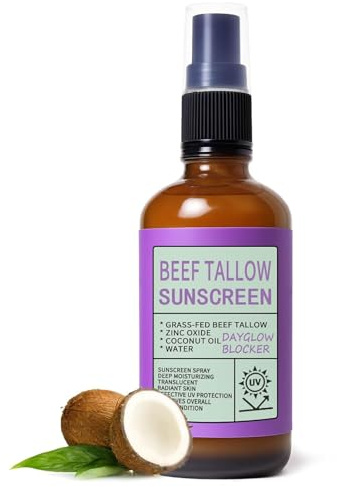Protector solar en aerosol de sebo de res, bloqueador de luminosidad diurna con óxido de zinc y aceite de coco, hidratante natural, fórmula no grasa, esencial para vacaciones en la playa