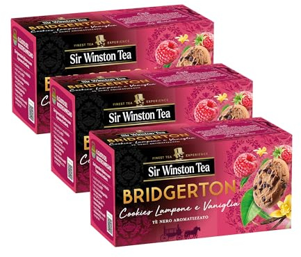 Sir Winston Tea, Tè Nero Cookies Lampone e Vaniglia, 60 Filtri (3 Confezioni da 20 Filtri), Bridgerton, con Aroma di Biscotto e Note Fruttate, Senza Lattosio, Glutine e Allergeni, Vegan