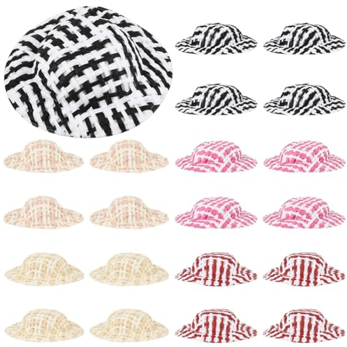SUNNYCLUE 40 Pieza de Mini Sombreros de Paja de 5 Colores para Muñecas, Mini Sombreros Tejidos A Granel, Pequeños Vestidos de Vaquero de Tela En Miniatura, Gorros Tejidos Coloridos Hechos A Mano para
