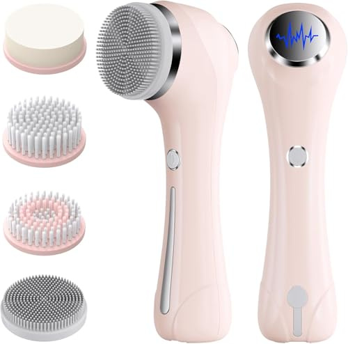 Rkdely Limpiador Facial Electrico, 3 en 1 Cepillo de Limpieza Facial con 4 cabezales limpiadores Masajeador Facial Con EMS y Calefacción, Para Limpieza Profunda, EliminacióN de Acné (Rosa)