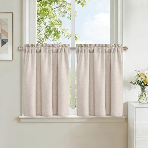 DWCN Scheibengardinen Modern Sandfarbe Gardinen Kurz H45xB60cm 2 Stück Vorhänge Leinen mit Stangendurchzug Küchengardinen für Bistrogardine Schrankvorhang Wohnzimmer Fenstervorhänge Landhausstil