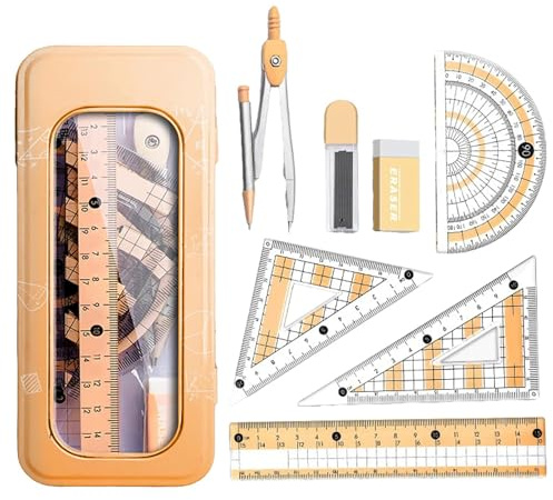 8-teiliges Mathematik-Set, mit Zirkel, Bleistift, Radiergummi, Spitzer, Winkelmesser, Geodreiecken, Lineal und Aufbewahrungsetui-ideal für Schule, Uni, Büro, 4. Klasse