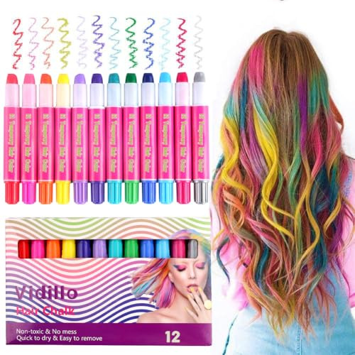 Hair Chalk Color Set for Girls Christmas Birthday Gifts, 12 Colors Temporary Non-Toxic Portable Hair Chalk Pens For Party and Cosplay DIY Present, Washable Hair Color Safe For Teens