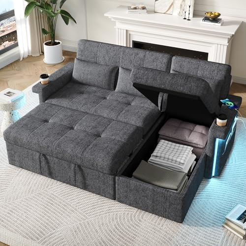 Merax Sofa Ecksofa mit Schlaffunktion, Schlafsofa mit Bettkasten und Verstellbarer Rückenlehne, Praktisches Eckcouch L-Form mit Stauraum, LED-Beleuchtung, USB-Steckdose und 2 Getränkehalter, Grau