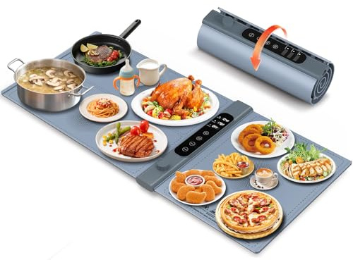 3-Zonen unabhängige Warmhalteplatte für Speisen 101×43 cm XXL, Elektrische Speisenwärmer mit 17 Temperaturstufen & 1–6 h Timer, Silikon-Rollbarer Buffetwärmer & Wärmeplatte Essen für Party-Buffets