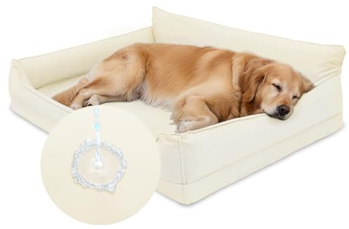 Favodormir Orthopädisches Hundebett-111x81 cm,Beige Wasserdicht Kunstleder Hundekorb für Mittelgroße,Leicht zu Reinigen,Waschbar Hundesofa mit Rutschfester Boden, Rundum Erhöhter Rand Hundekissen