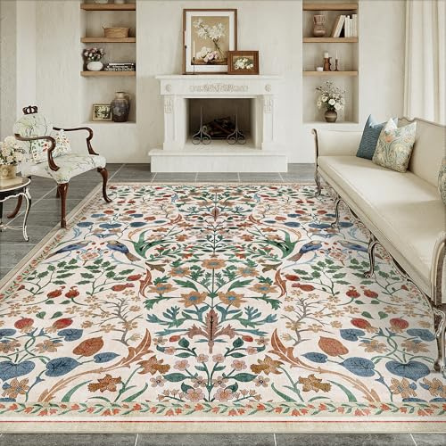 PureCozy Tappeto Salotto 200x300cm Floreale Pelo Corto Antiscivolo Morbido Retro Lavabile Tappeti per Cucina Corridoio Piedi Del Letto Camera Da Letto Salotto Beige Rug