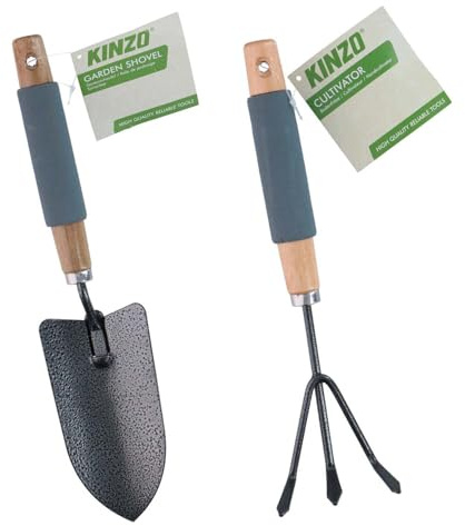 KINZO Kit Jardinage 2pcs - Pelle Transplantoir + Griffe 3 Dents - Manche Bois & Mousse - Outils à Main Plantation & Sol