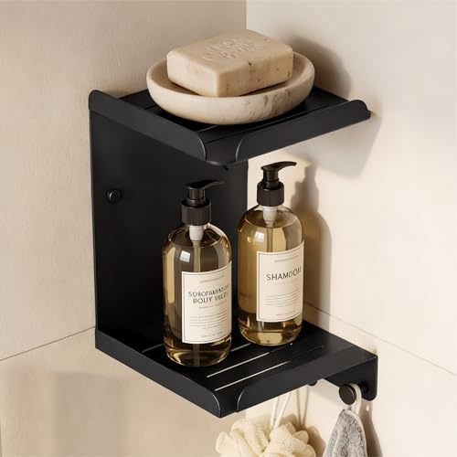 doporro Duschablage ohne Bohren, Duschregal mit 2 Etagen und 3 Haken, Badregal als Wandregal aus Metall, Badezimmer Organizer zum Kleben oder Bohren,Wandregal Schwarz, Reglo-14