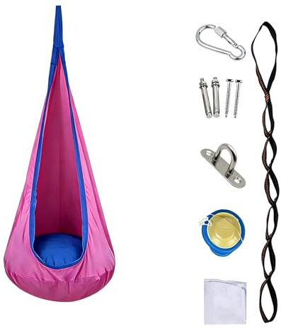 Hängesack Schaukel, Blau und Grün, mit Karabiner, Wandhalterung und Kissen, Hängehöhle für Innen und Außen (Rosa)