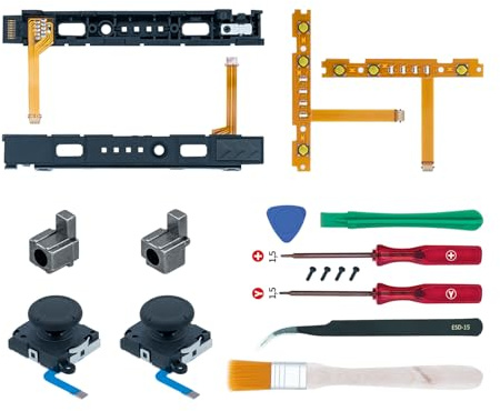 Mcbazel-18 en 1 Kit de Réparation de Remplacement pour Switch avec Tournevis, Outil d'ouverture, Joysticks 3D G/D, Boucle à Fermeture éclair, Câble Flexible Joycon(Non compatible avec la Switch 2)