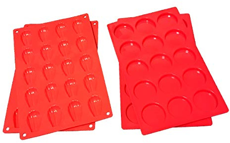 M. Gastro Kitchens 4 Pcs Set of 15 Cavity Mini Muffin Top (x2) and 20 Cavity Madeleine (x2) Baking Pan, Brownies, Keto Cheese Crisps, 2 diameter, 3/8 deep (Red - Muff-Mad)