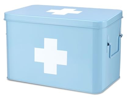 Flexzion Medizinbox, Hausapotheke Box, Apothekenbox - 31x20x19cm Medikamenten Aufbewahrung Box aus Metall für Notfall, Erste Hilfe Schrank, mit Seitengriffen, abnehmbarem Tablett & 5 Fächern, blau