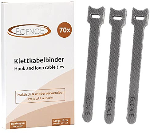 ECENCE Klettband Kabelbinder wiederverschließbar 70 Stück Klett Kabelbinder 15x1,2cm Grau Kabelklett wiederverwendbar, Klettbinder