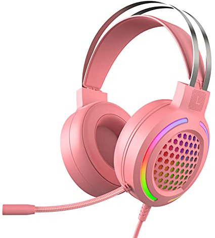 CUSROS M12 Réduction du Bruit RGB éclairage 7.1 Casque Filaire USB Casque De Jeu avec Microphone, Adapté Aux Ordinateurs De Bureau Et Portables Rose