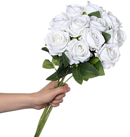 huaao 12 Stück Künstliche Rosen Seide Blumen, Hochzeitsarrangements Seidenrosen Single Stem Realistic Fake Rose Bouquet für Brautstrauss Hochzeitssträuße Dekoration, Weiß