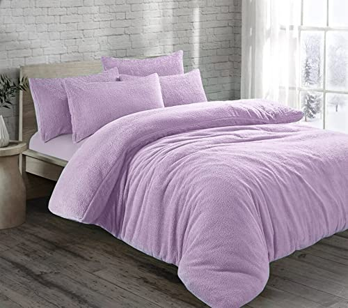 EXQUIZIT HOME® Teddy Fleece Duvet Cover Set – Super Soft Teddy Bear Fleece Bedding Set with Pillowcases – Warm Cosy Winter Fleece Quilt Cover (Lilac Double 200cm x 200cm Approximate)