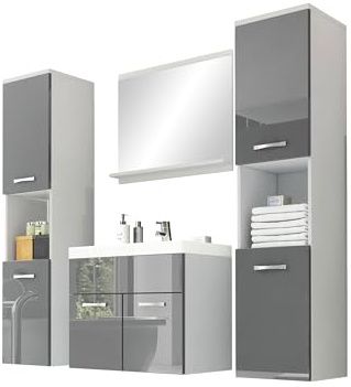 Mirjan24 Badmöbel Set Montreal XL mit Waschbecken und Siphon, Badezimmer Komplett, im Set Spiegel, Waschtisch, 2X Hochschrank, Hängeschrank, Möbel für Bad (Weiß/Grau Hochglanz.)