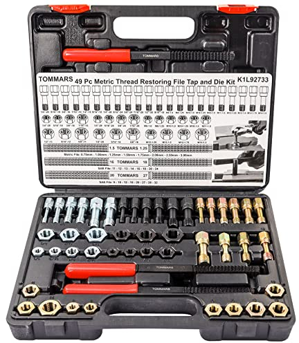 TOMMARS 49-teiliges Gewindefrässtift-Set Reparatursatz, UNC UNF & Metrisch mit Gewindebohrern, Schneideisen und Gewindefeilen zum Umgewinden und Restaurieren