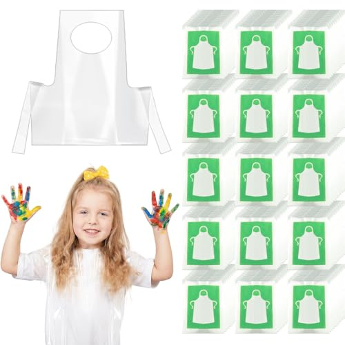 HKACSTHI 50 Stück Einweg-Schürzen für Kinder, Bastelschürzen, Kinder-Kochschürze, Einweg-Malkittel, Kinderschürze zum Bemalen, Kinderkunstschürze, Transparent, Einheitsgröße